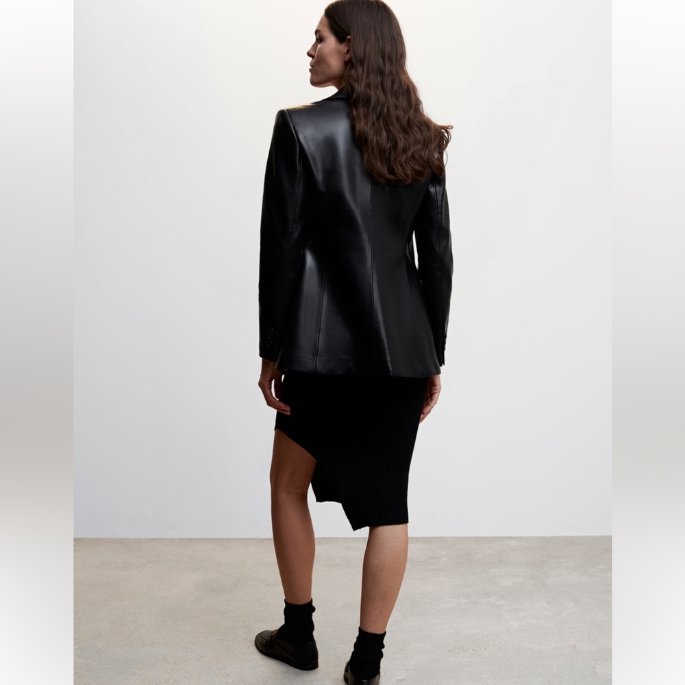 Mango Black Faux Leather Tailored Blazer Jacket Dark Academia Women Medium M - Picture 2 of 16